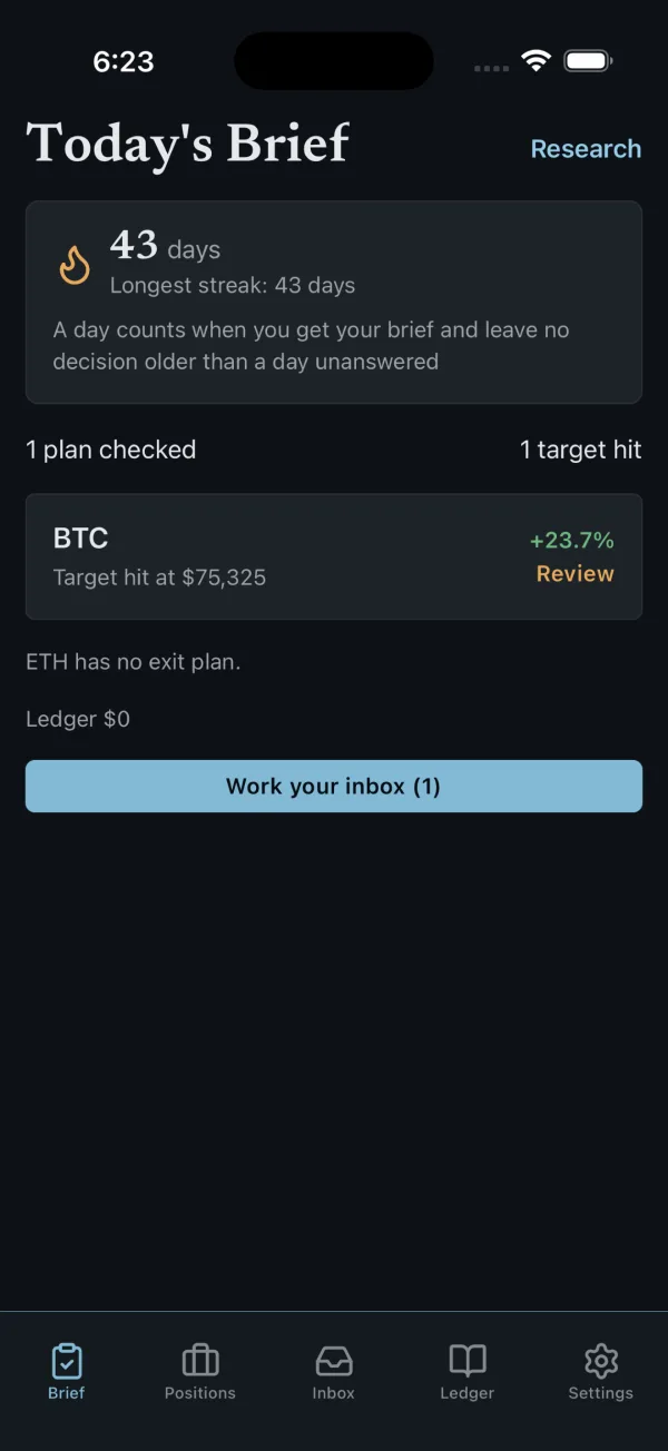 Today's Brief screen showing a 43-day streak, one plan checked, a BTC target hit, and a Work your inbox button