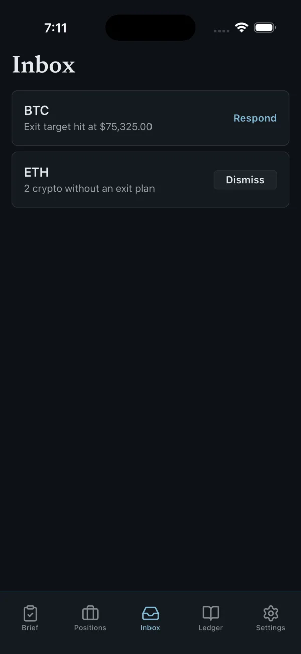 Inbox screen with a BTC exit target hit card and a Respond action