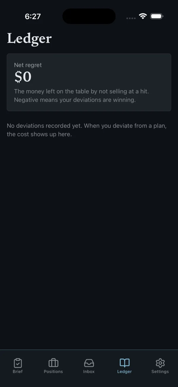 The Ledger screen listing recorded decisions and what each one cost