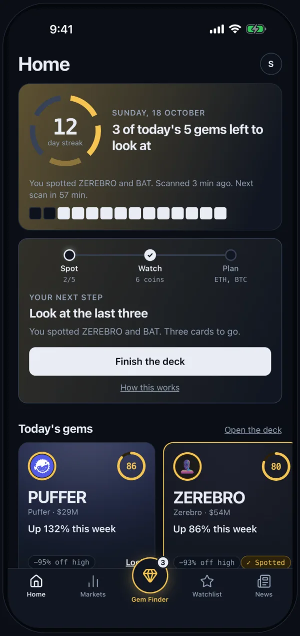 Home on iPhone showing a 12 day streak, 3 of today's 5 gems left to look at, and a next step card